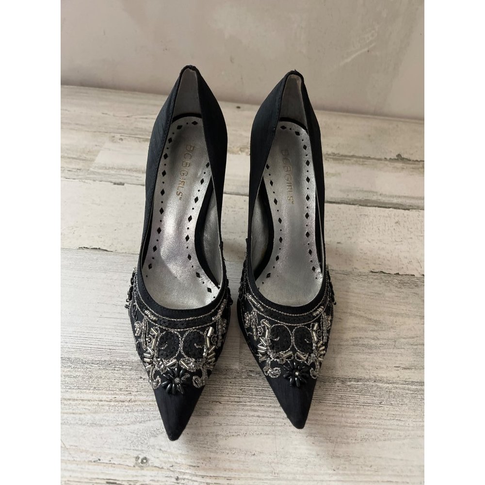 BCB Girls black satin high heel pumps with beads